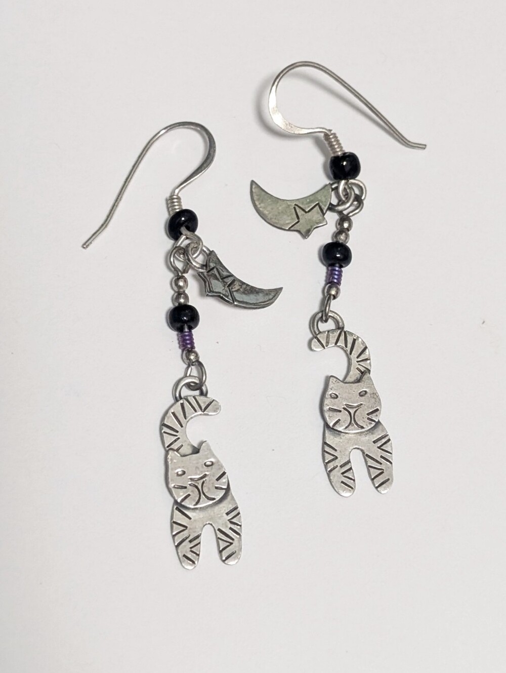 Vintage Far Fetched Sterling Silver Cat Kitty Moon Dangle Earrings Black Onyx